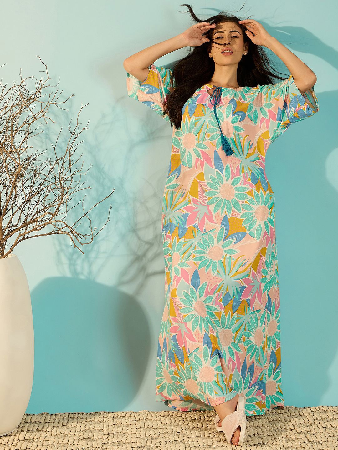 

The Kaftan Company Printed Modal Maxi Nightdress, Blue