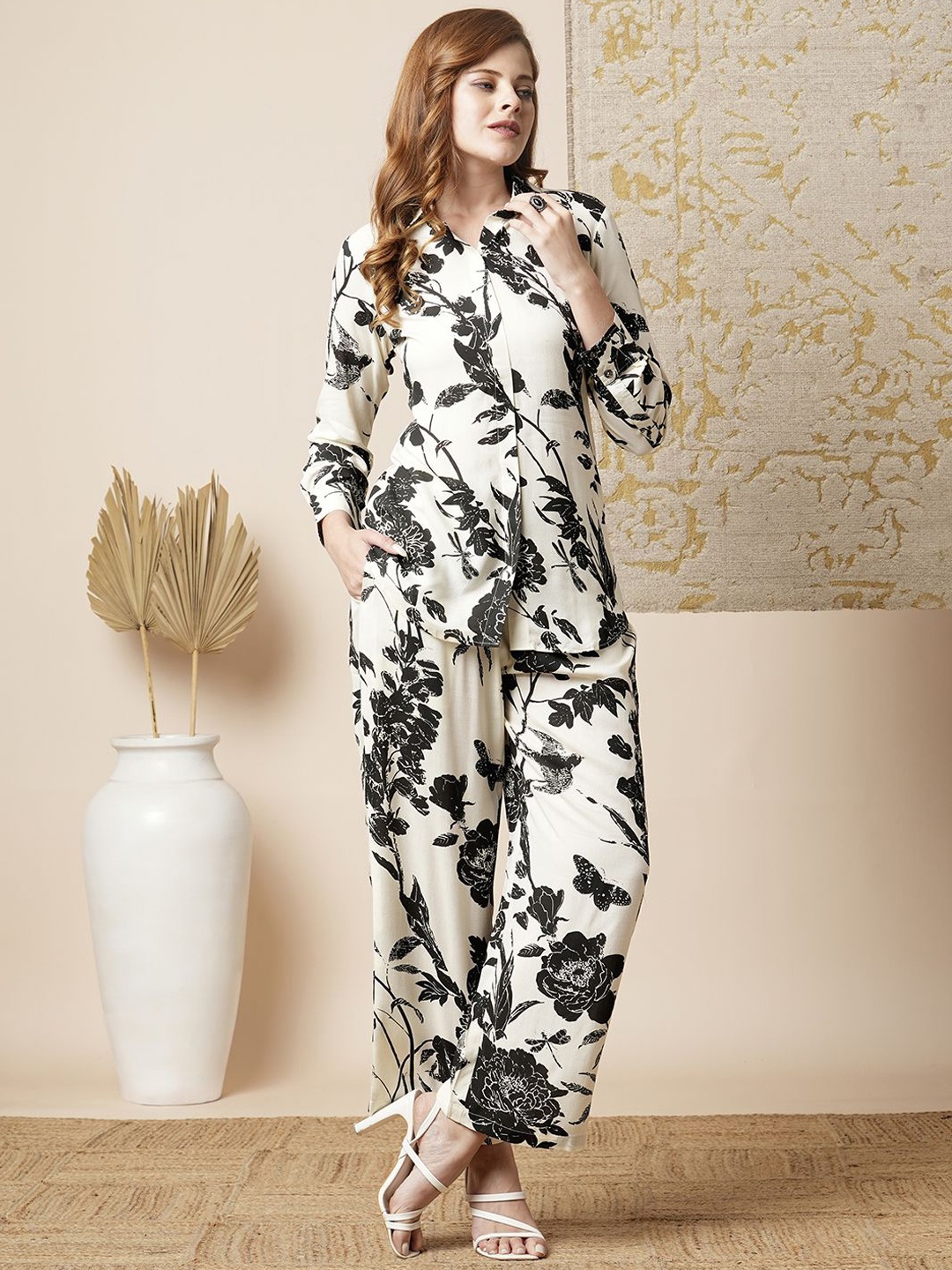 

Anni Designer Floral Printed Regular Shirt with Trousers, White