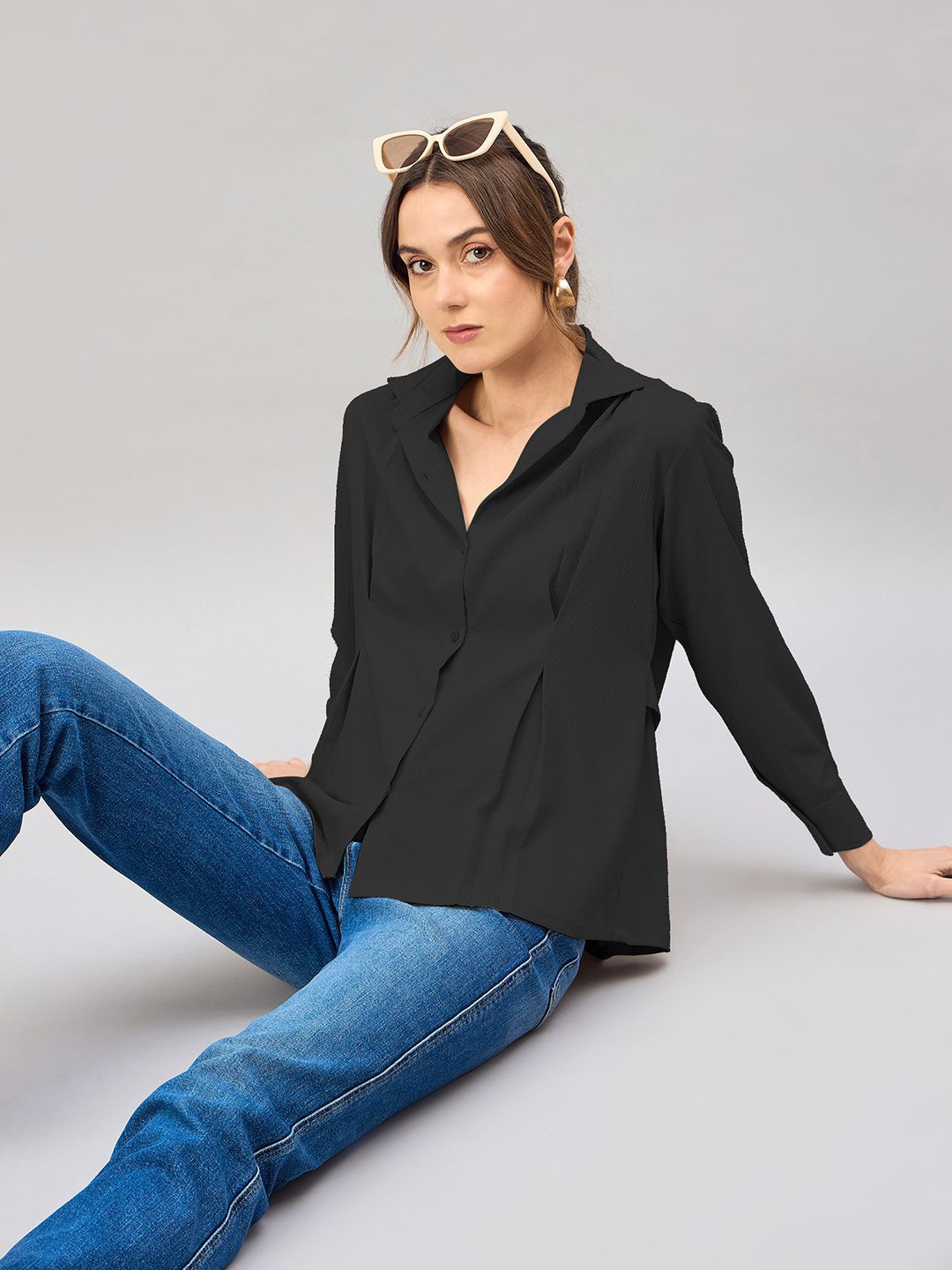 

Roadster Women Solid Shirt Collar Top, Black