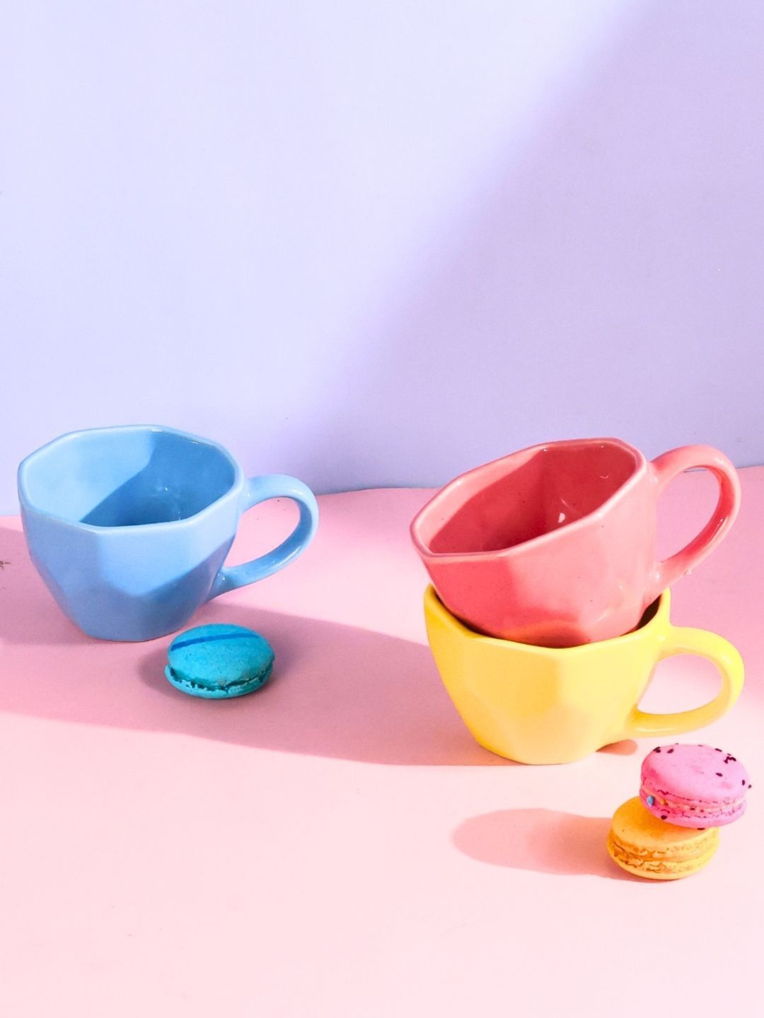 

WEAVING HOMES Pink & Yellow 3 Pieces Ceramic Glossy Cups 220ml