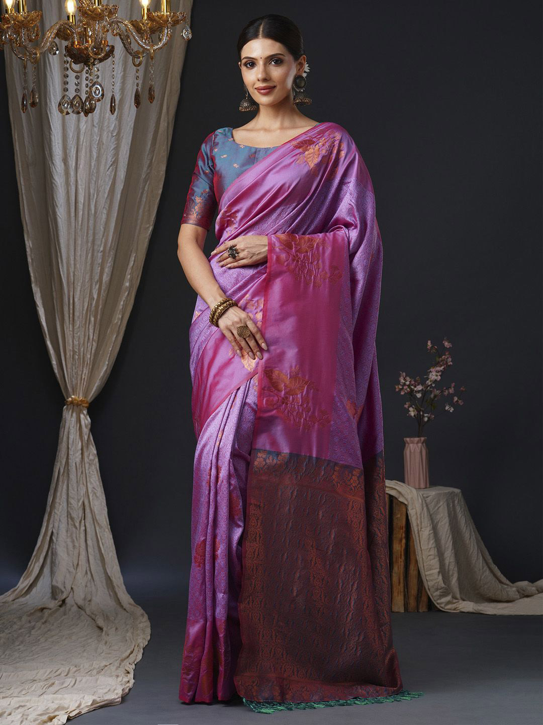 

Anouk Ethnic Motifs Zari Banarasi Saree, Pink