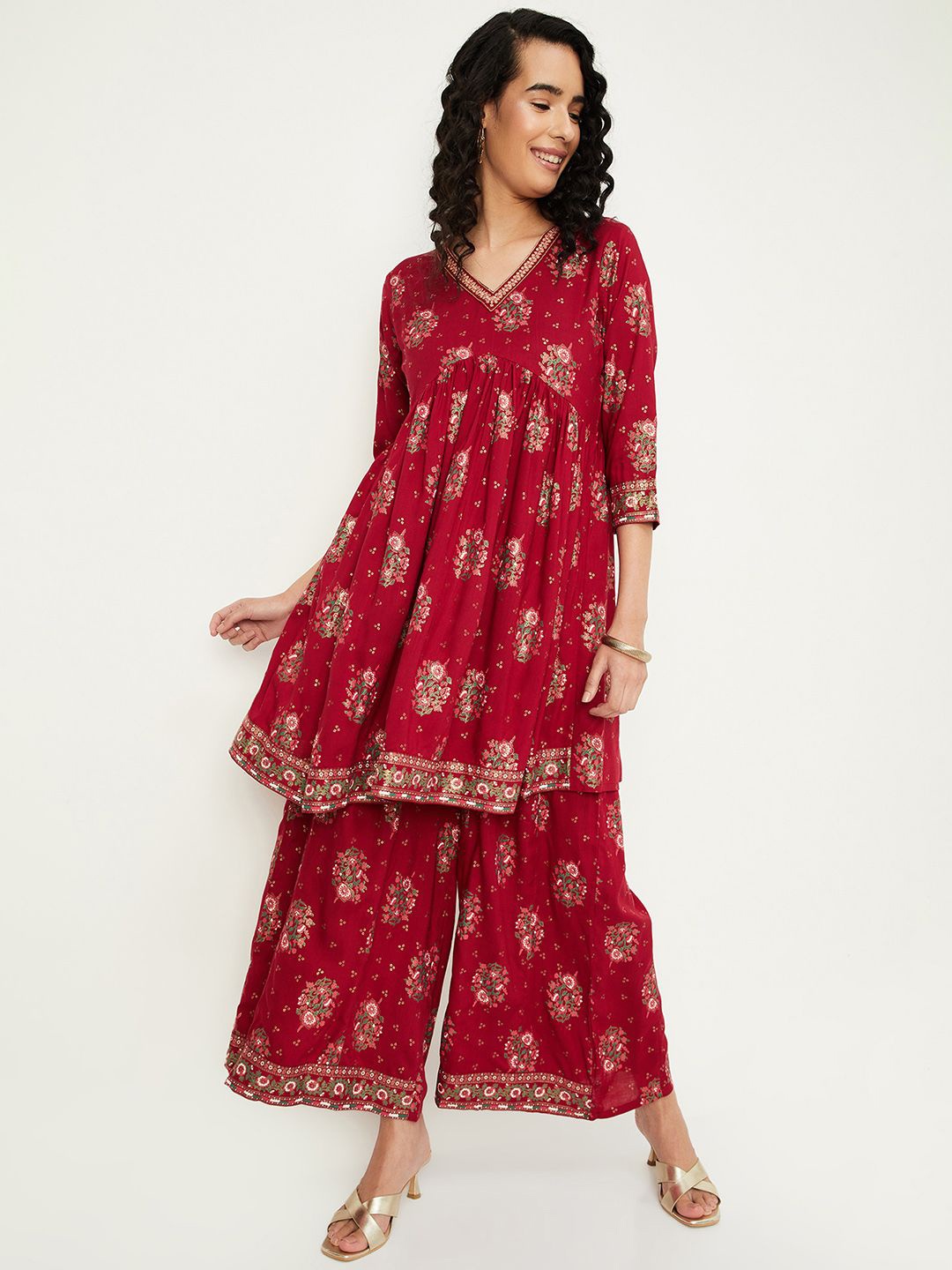 

max Floral Printed Pleated Anarkali Kurta with Palazzos, Red