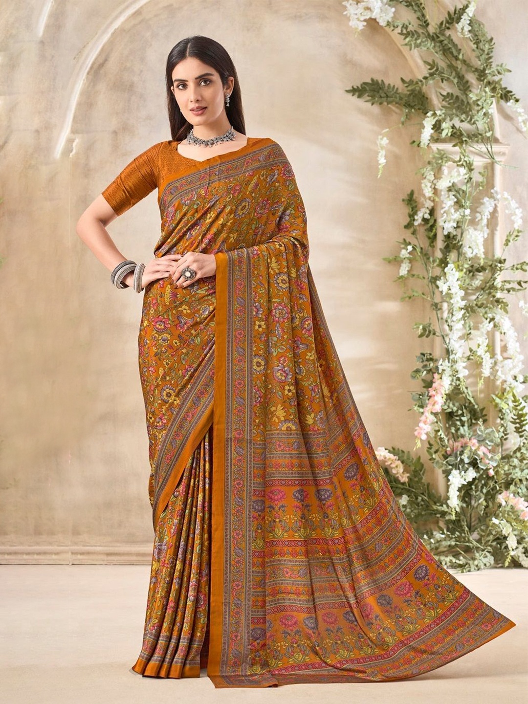 

Reboot Fashions Printed Ethnic Motifs Pure Crepe Bandhani Saree, Mustard