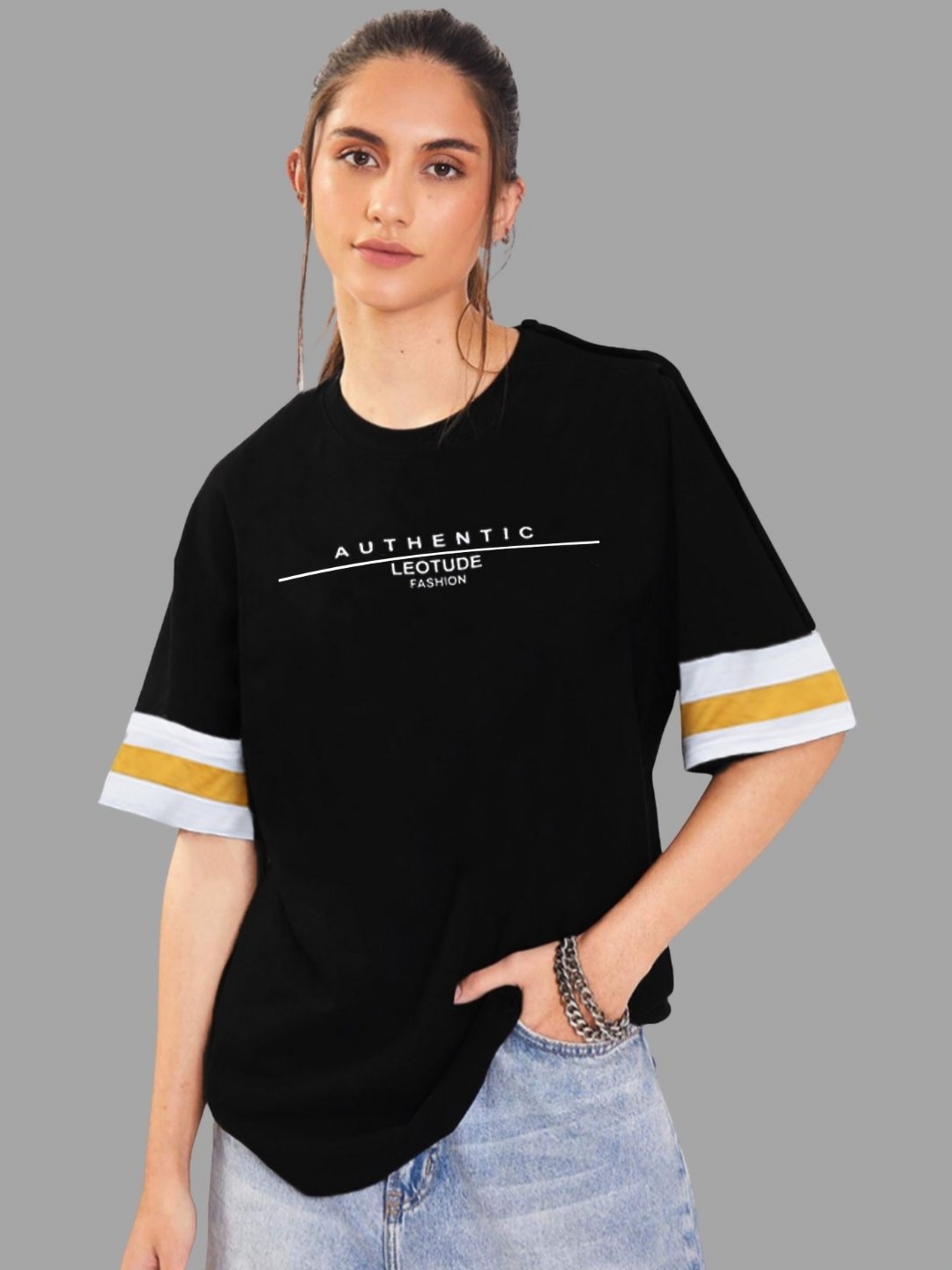 

Leotude Women Typography Extended Sleeves T-shirt, Black