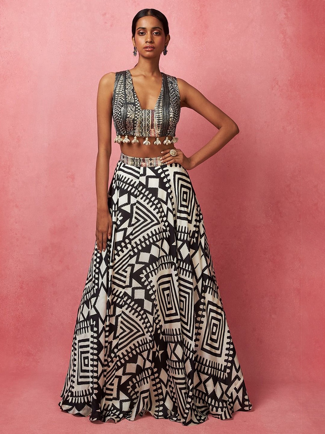 

Vedika M Geometric Printed Ready to Wear Lehenga & Blouse Set, Black