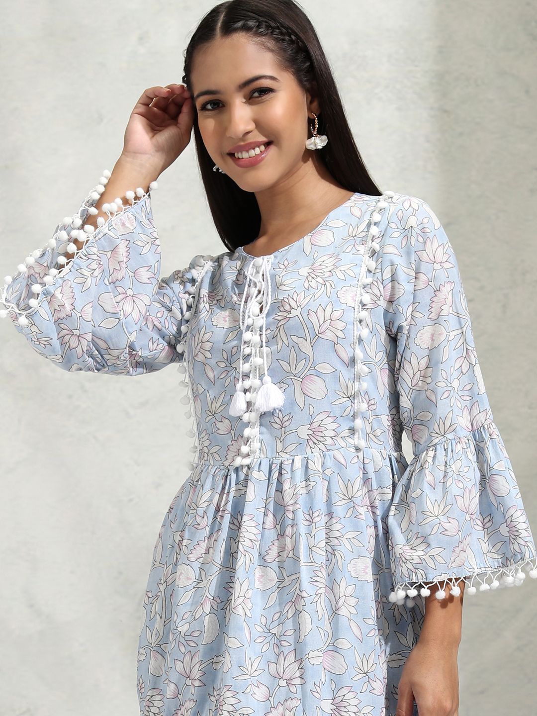

Vishudh Bell Sleeve Fit & Flare Tiered Dress, Blue