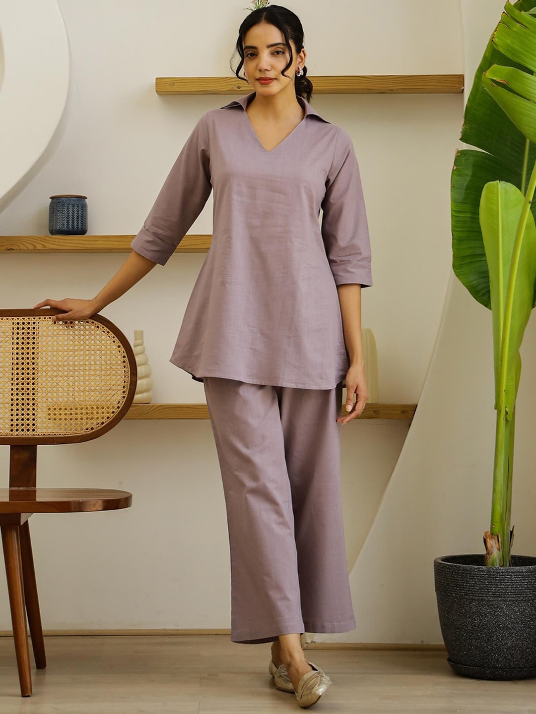 

FLAVIA CREATION Shirt Collar Pure Cotton Tunic With Trousers, Purple