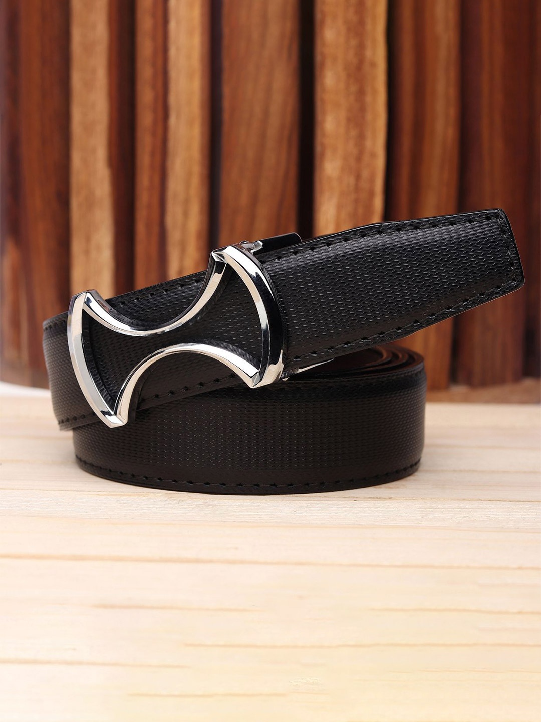

WINSOME DEAL Men Push Pin Closure Textured Formal Belt, Black