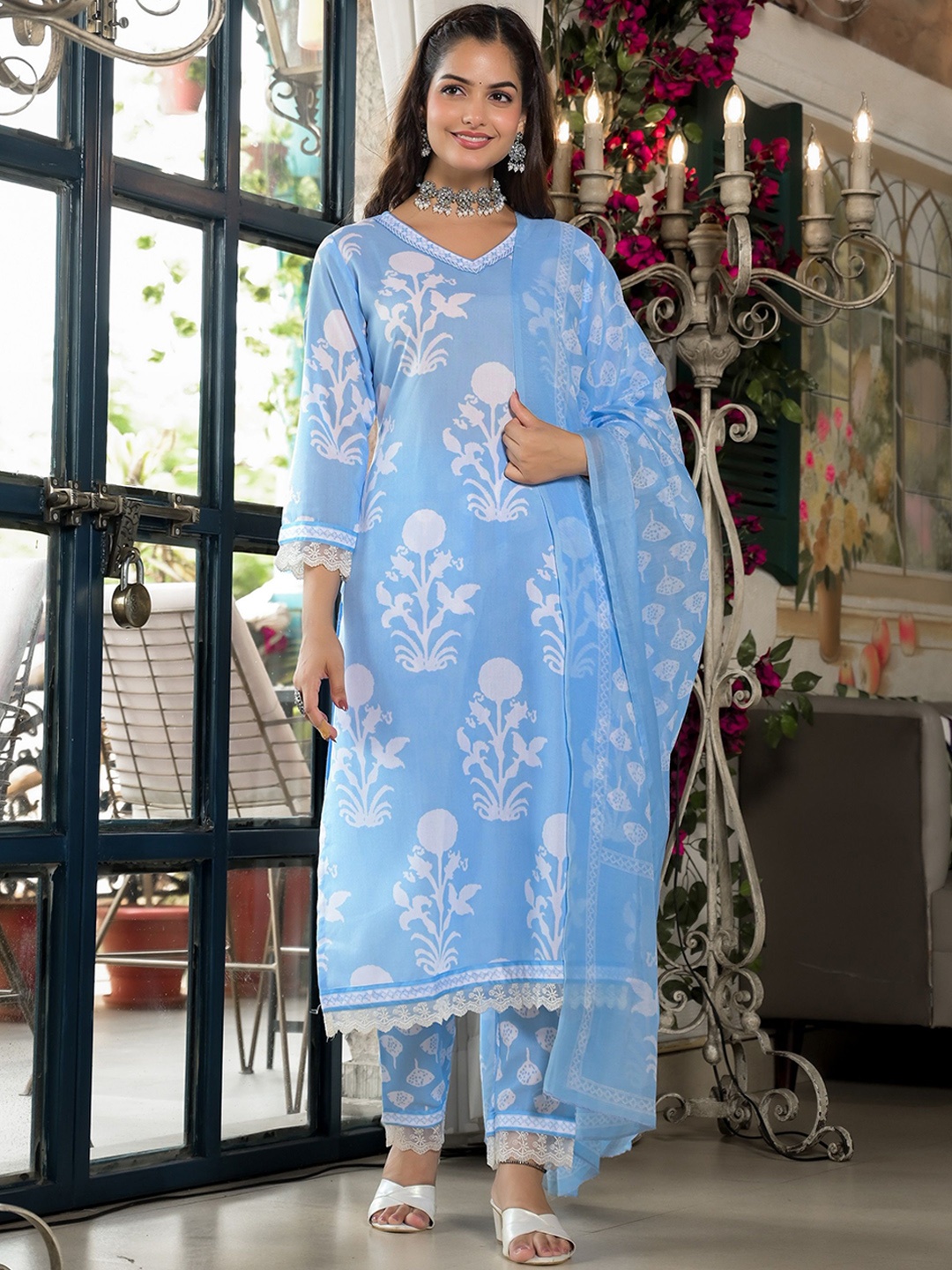 

KALINI Floral Printed V-Neck A-Line Kurta With Trousers & Dupatta, Blue