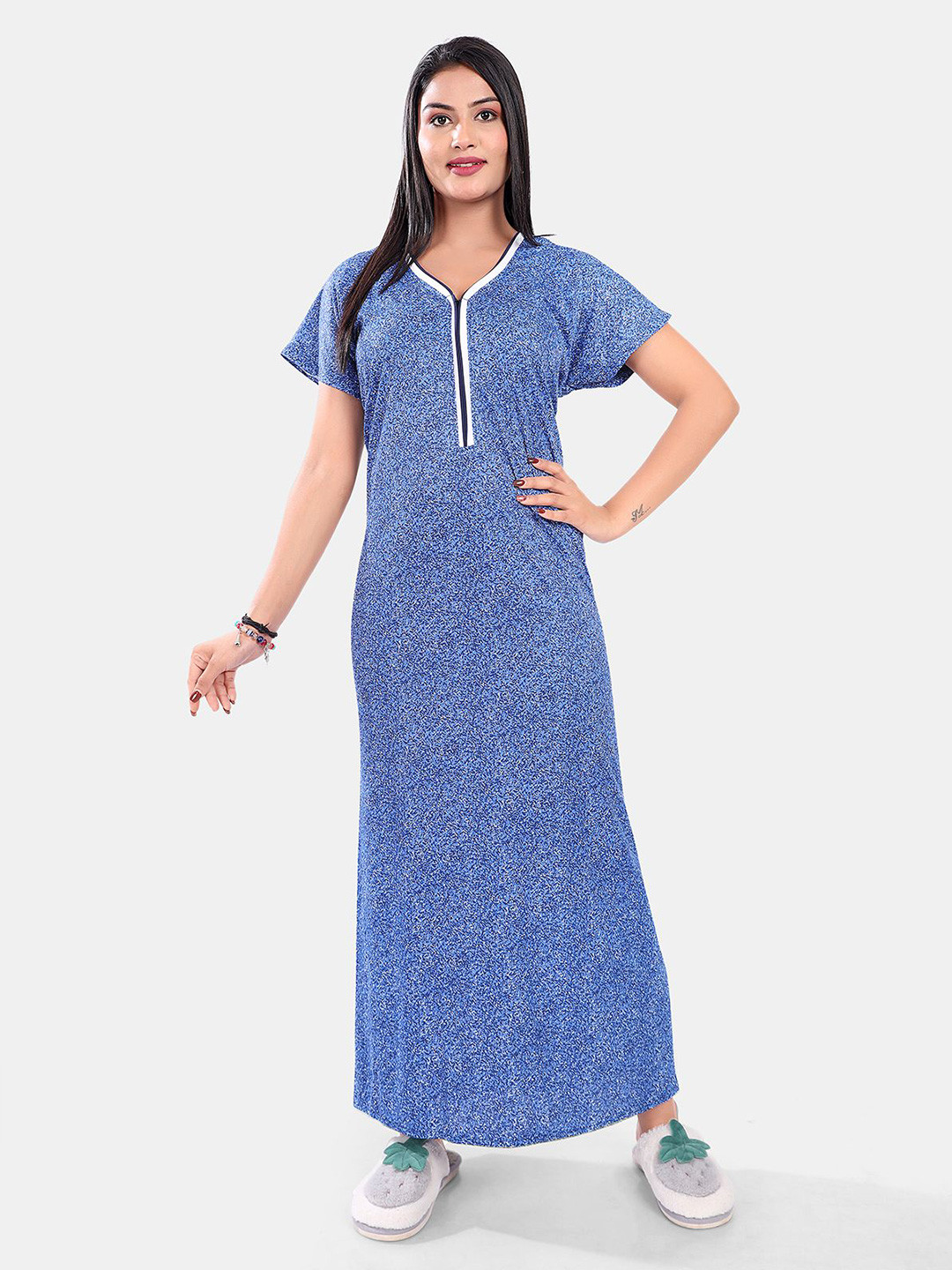 

Be You Women Printed Satin Short Sleeves Maxi Nightdress, Blue