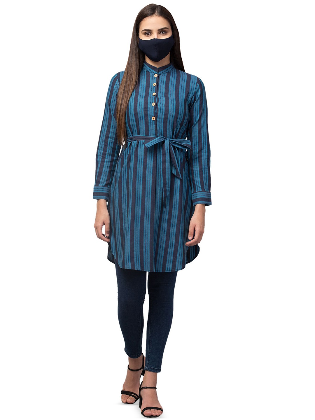 

MUSHKIYA Shirt Collar Striped Tunic, Blue