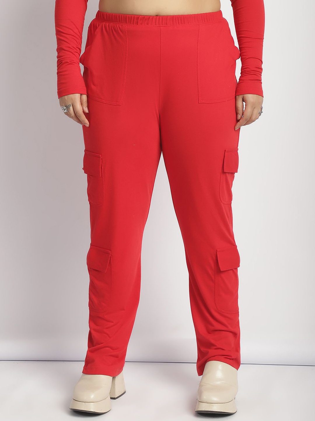 

thkgrlz Women Relaxed High-Rise Easy Wash Plus Size Cargo Trousers, Red