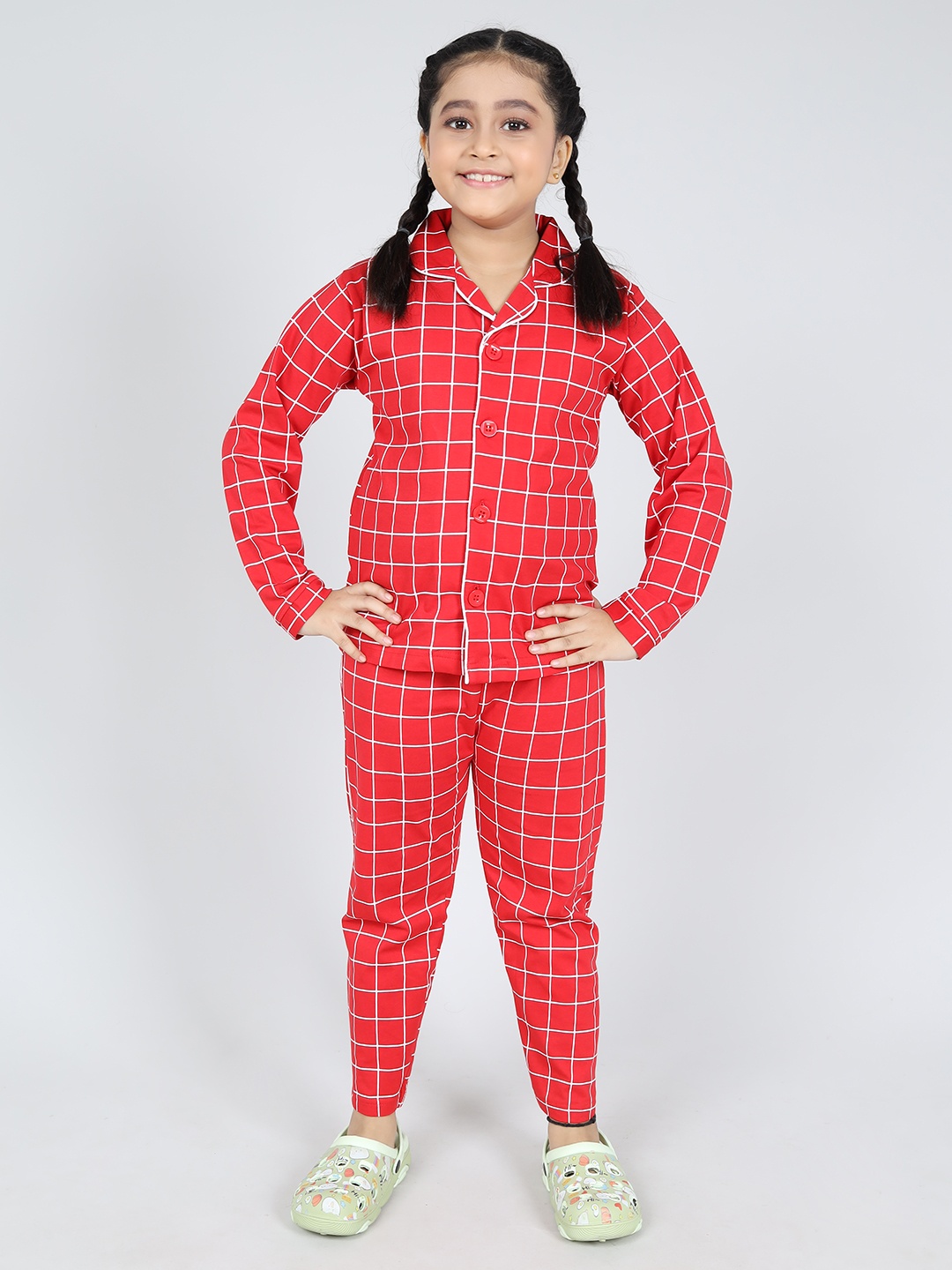 

Here&Now X Denikid Girls Cotton Checked Shirt with Trouser, Red