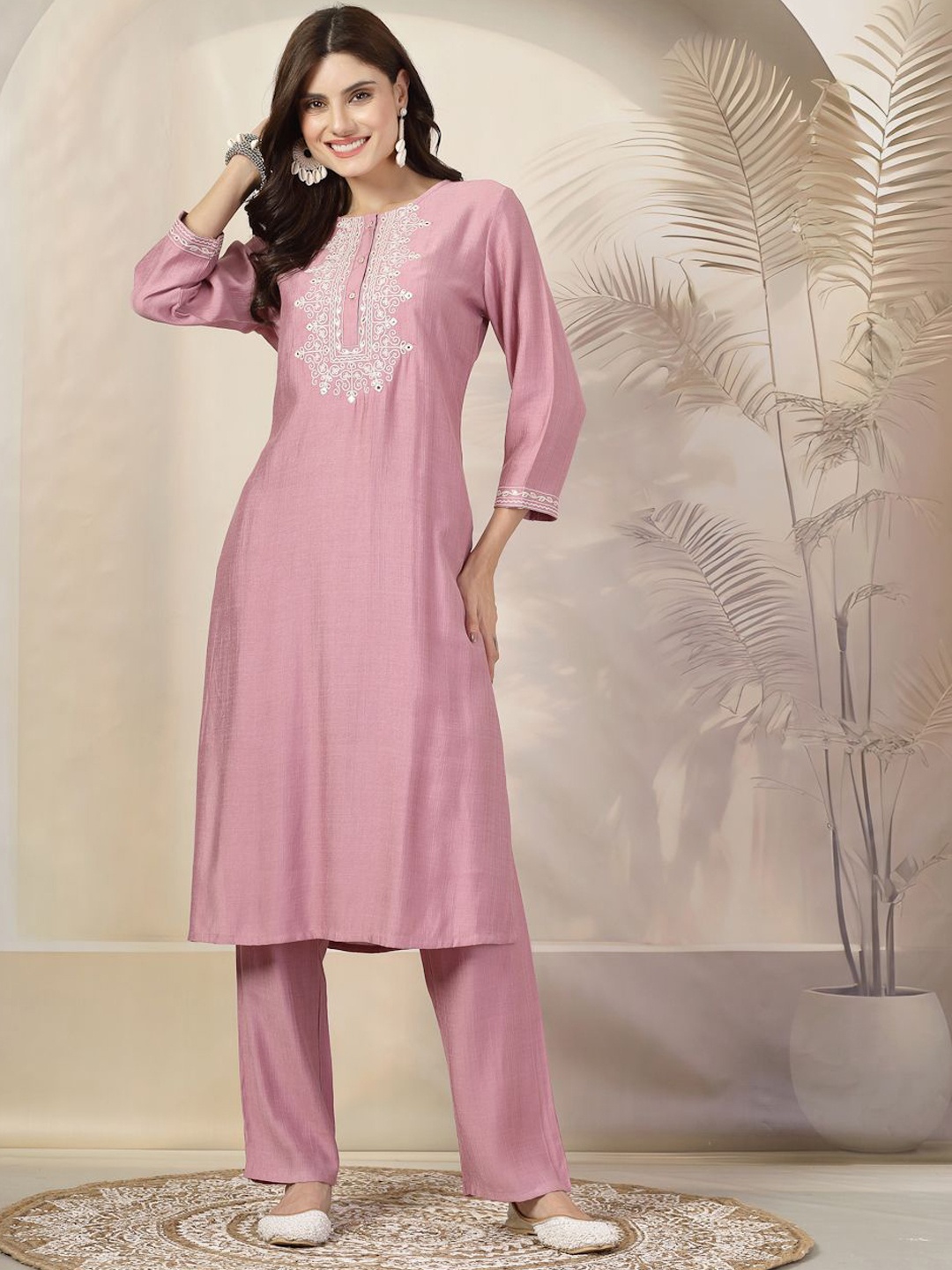 

Nayam By Lakshita Ethnic Motifs Yoke Design Mirror Work Straight Kurta Set, Pink