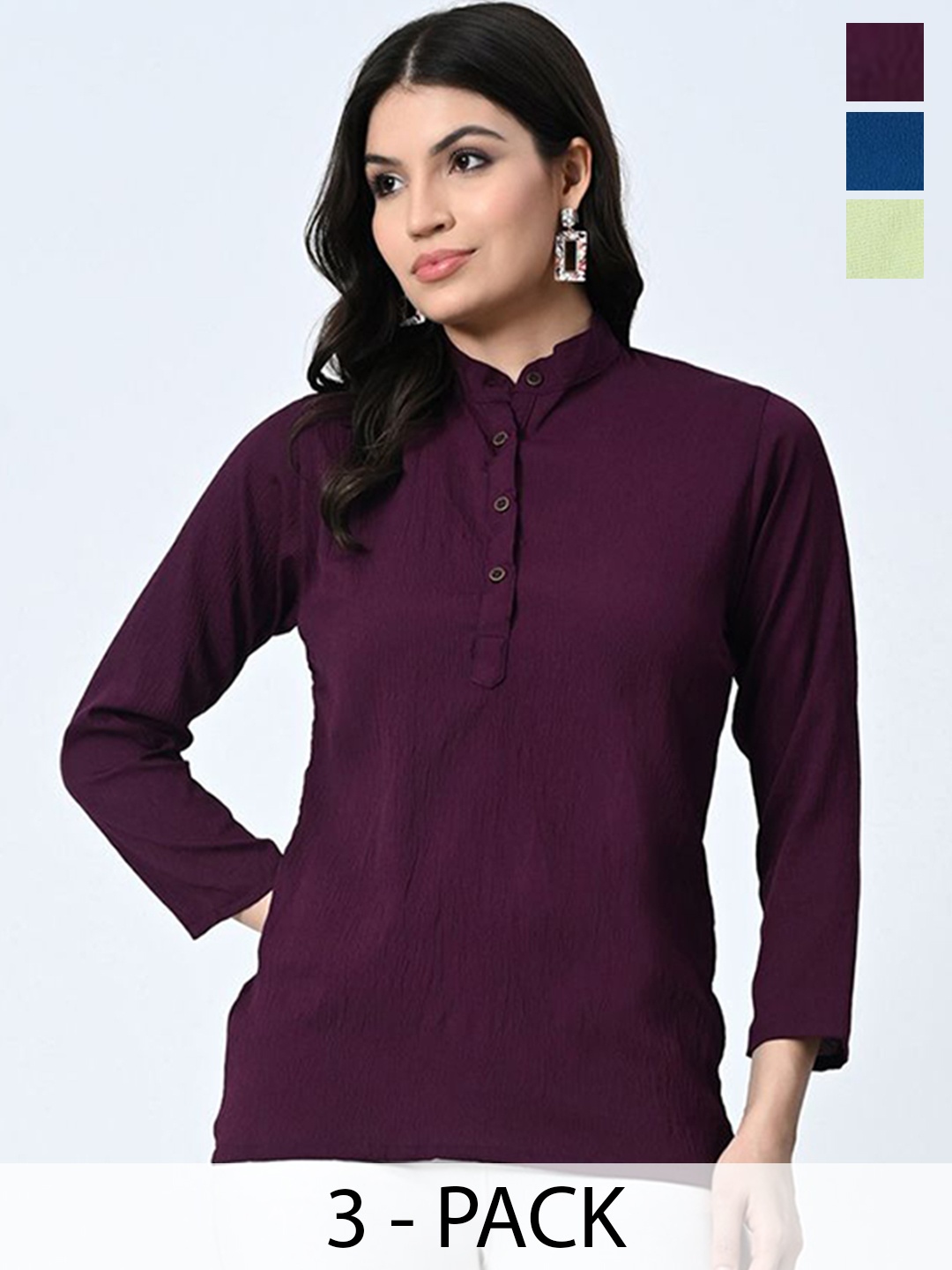 

BAESD Set Of 3 Mandarin Collar Crepe Tops, Blue