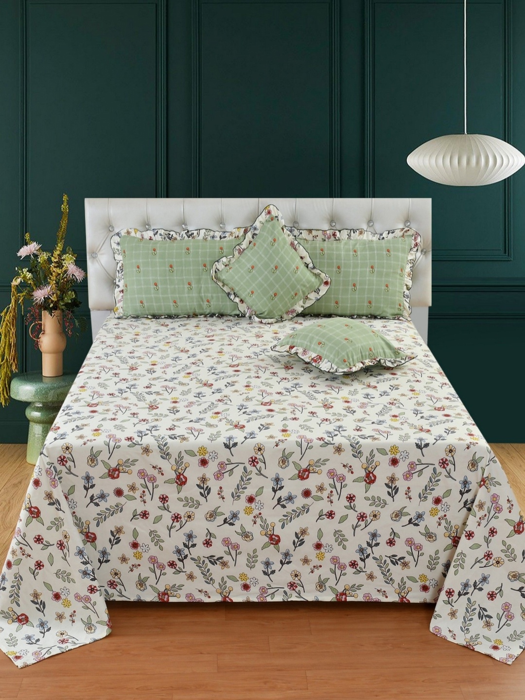 

BREVARD Off White & Green Floral 5 Pieces Cotton Frill Double King Regular Bedding Set