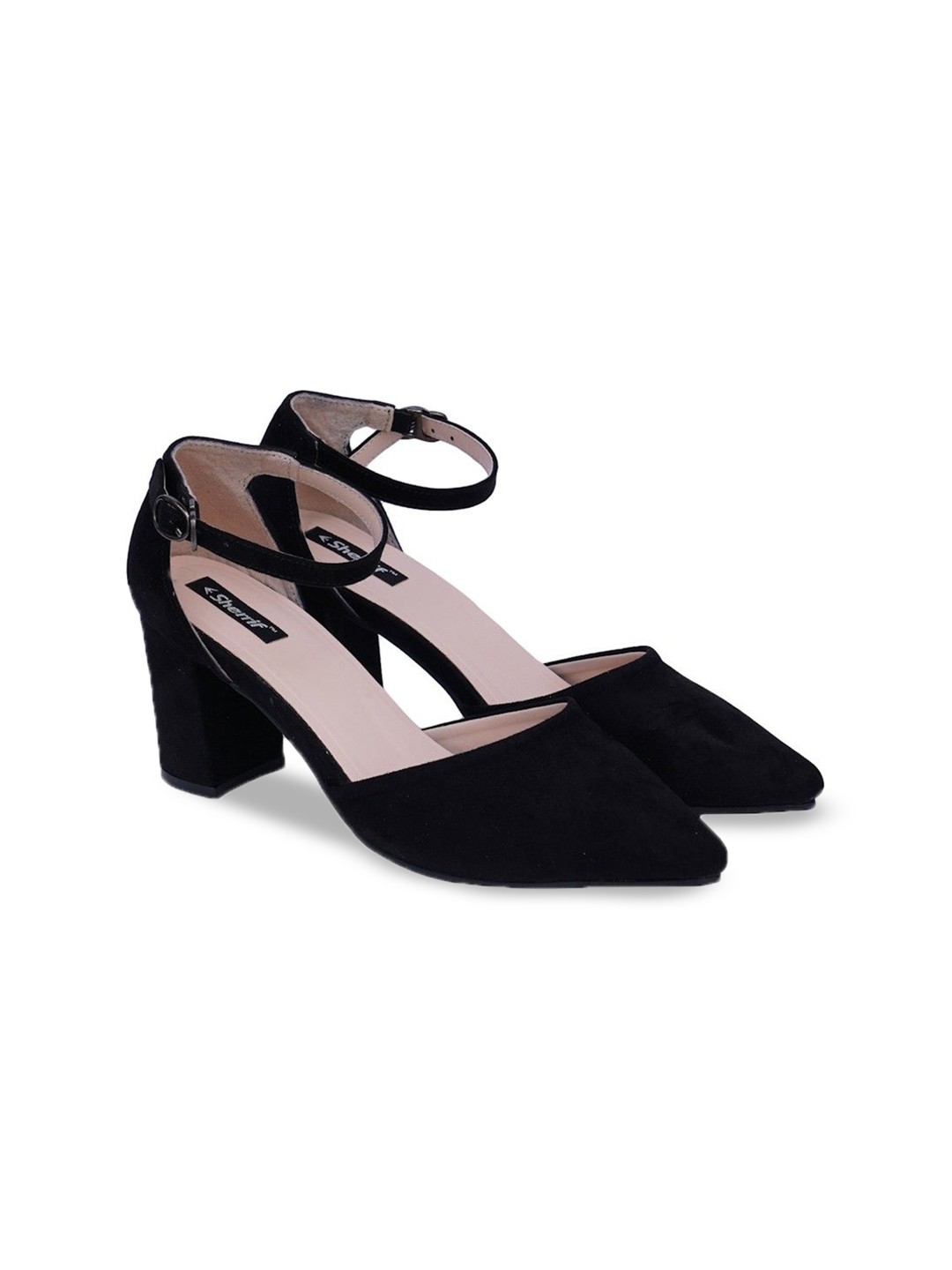 

Sherrif Shoes Velvet Block Heel Pumps with Ankle Loop, Black