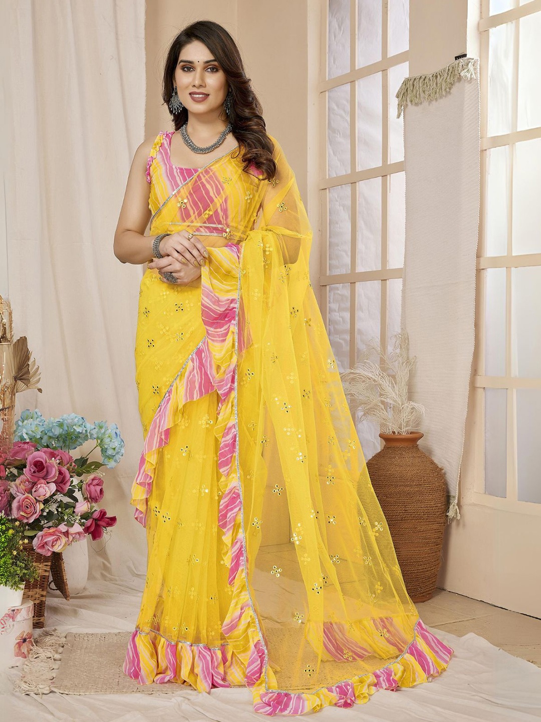 

ODETTE Ethnic Motifs Mirror Work Net Saree, Yellow