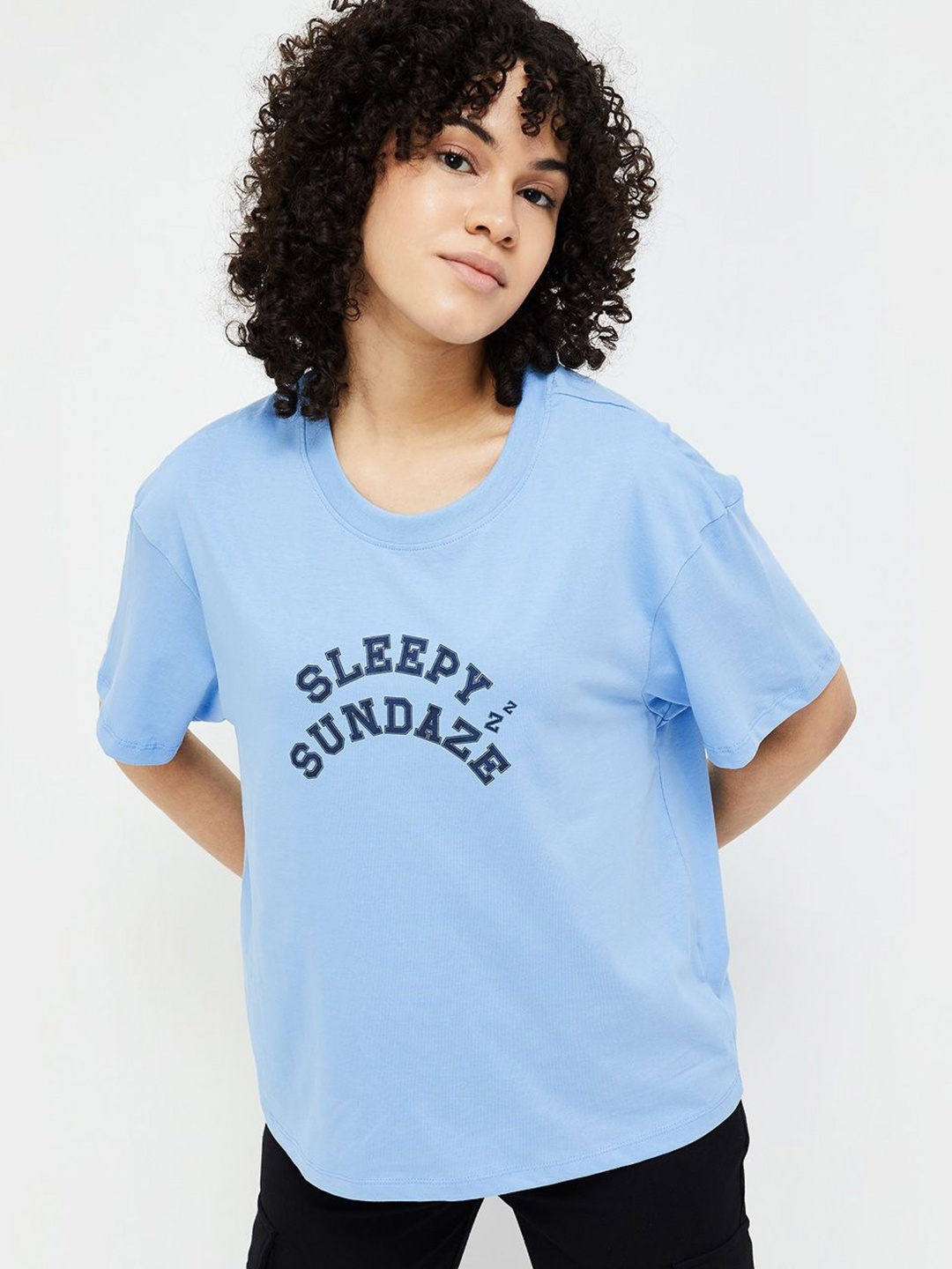 

Ginger by Lifestyle Women Typography Printed Round Neck Cotton T-shirt, Blue