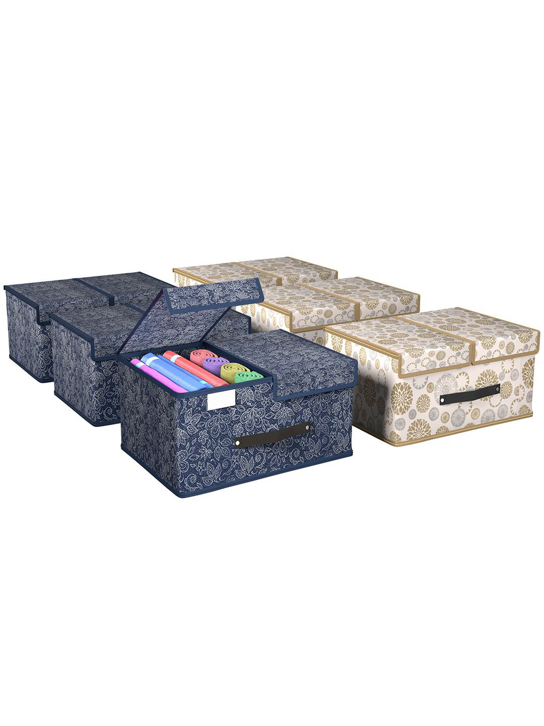 

Kuber Industries White & Navy Blue 6 Pieces Foldable Double Lid Multi-Utility Organisers