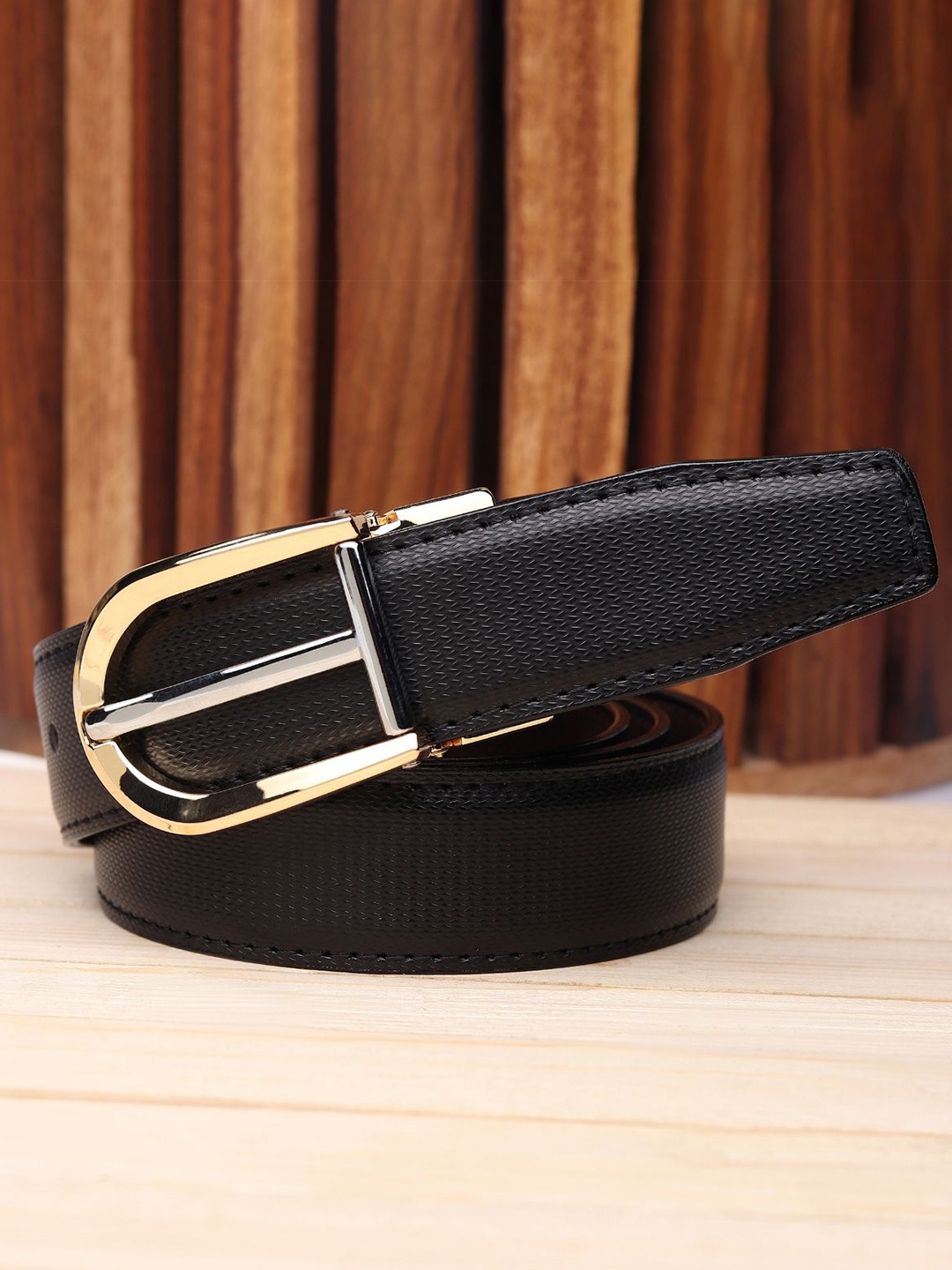 

WINSOME DEAL Men Tang Closure Textured Formal Belt, Black