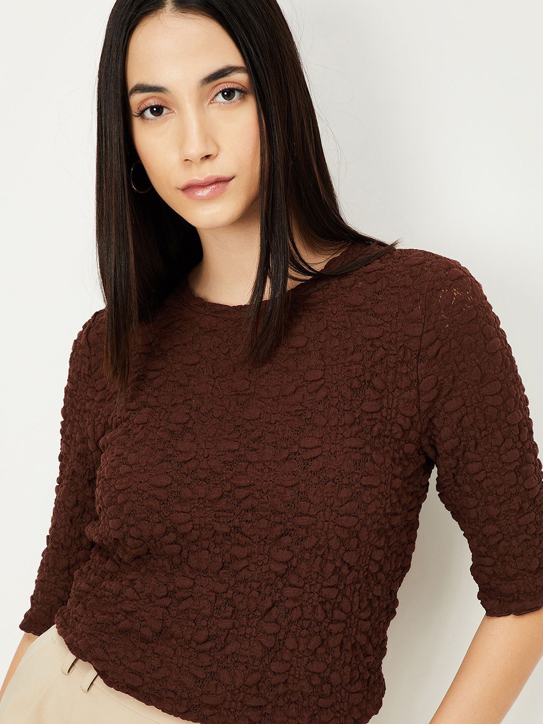 

max Women Solid Round Neck Cotton Top, Brown