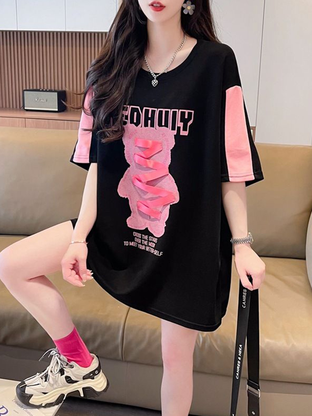 

StyleCast x Revolte Women Abstract Printed Round Neck Cotton Top, Black