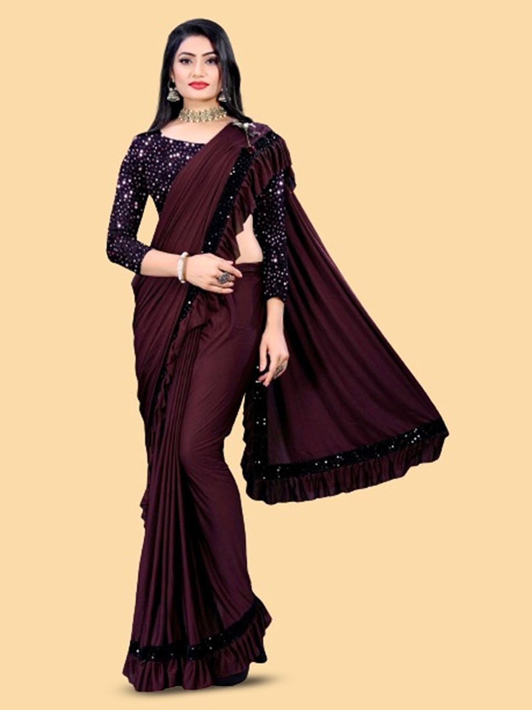 

JULEE Sequinned Ready to Wear Ruffle Saree, Purple