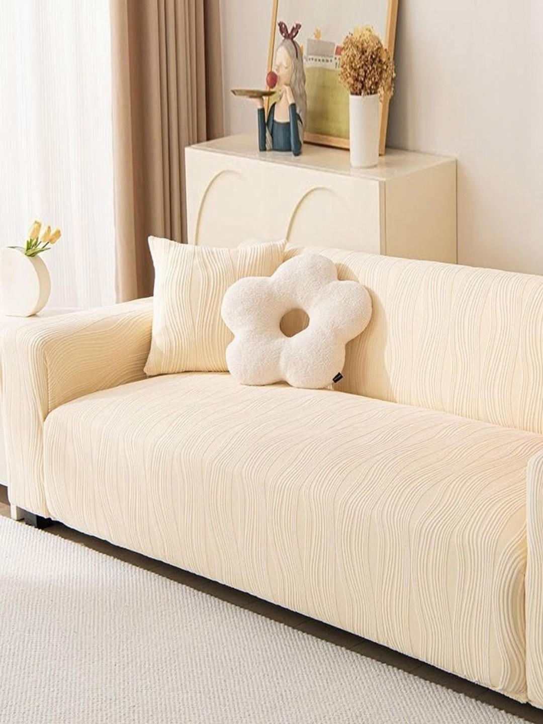 

B BESTILO Cream 3 Seater Sofa Cover With Arms