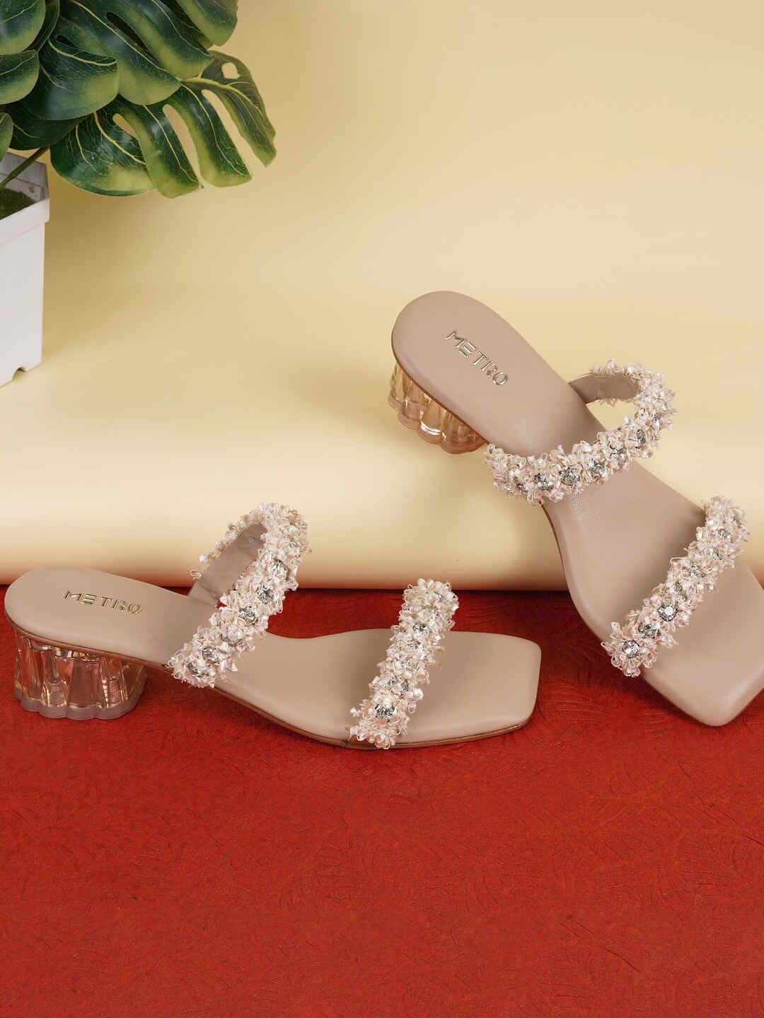 

Metro Women Embellished Open Toe Block Heel Sandals, Beige