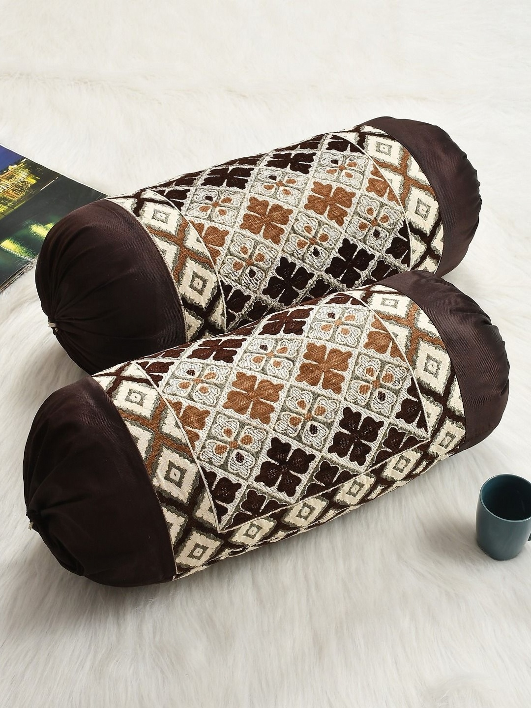 

hargunz Brown & Off White 2 Pieces Self Design Chenille Velvet Bolster Covers