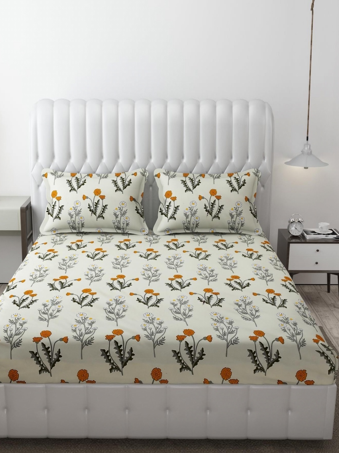 

MallowWorld Beige & Grey Microfiber Floral 200 TC Queen Bedsheet with 2 Pillow Covers