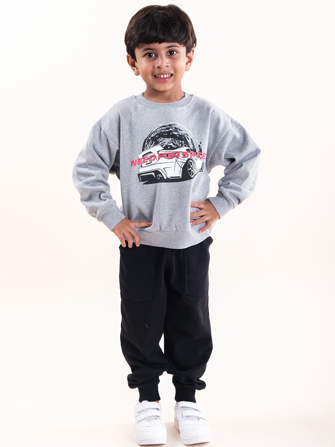 

KiddoPanti Boys Printed Round Neck Sweatshirt With Joggers, Grey melange