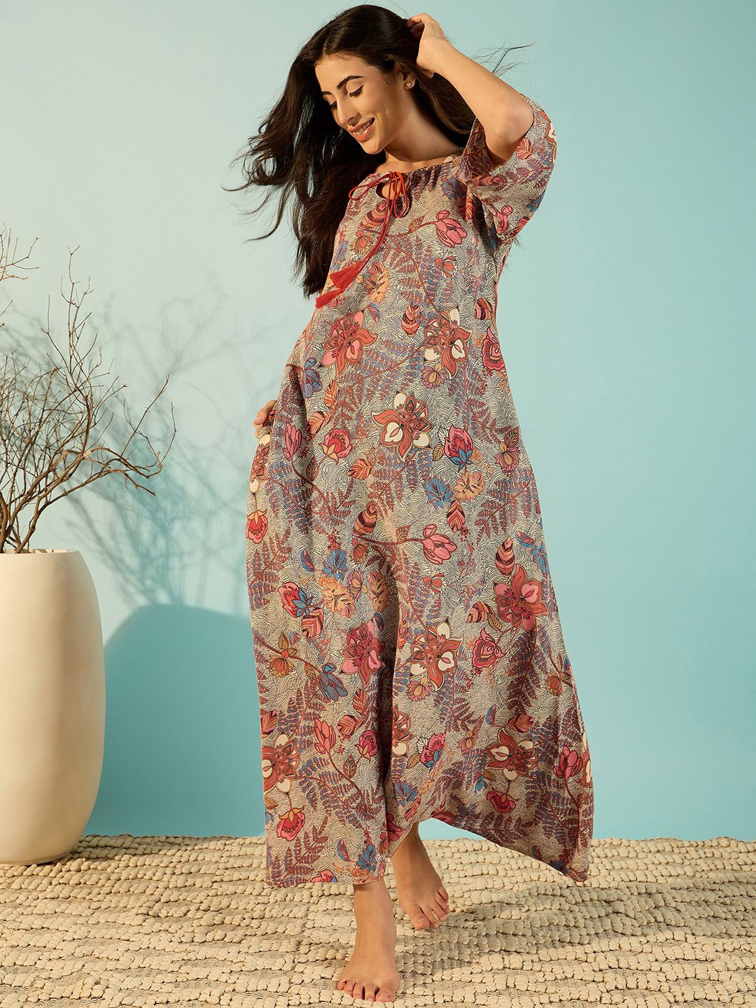 

The Kaftan Company Printed Maxi Nightdress, Beige