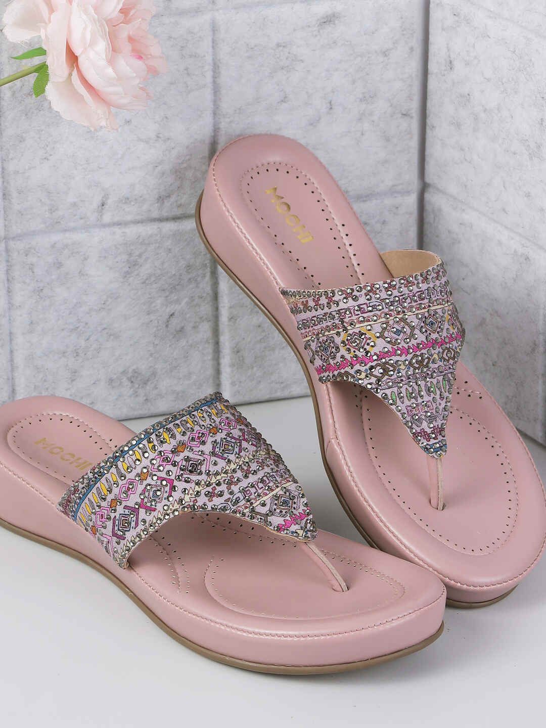 

Mochi Women Open Toe Comfort Heels Sandals With Ethnic - Embellished, Pink