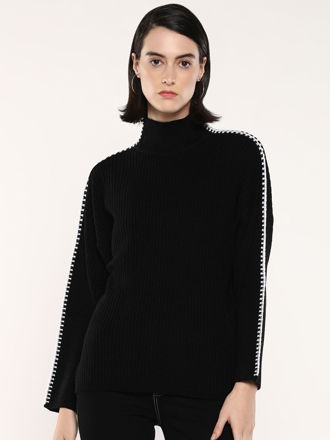 

RAREISM Women Solid Turtle Neck Pullover, Black