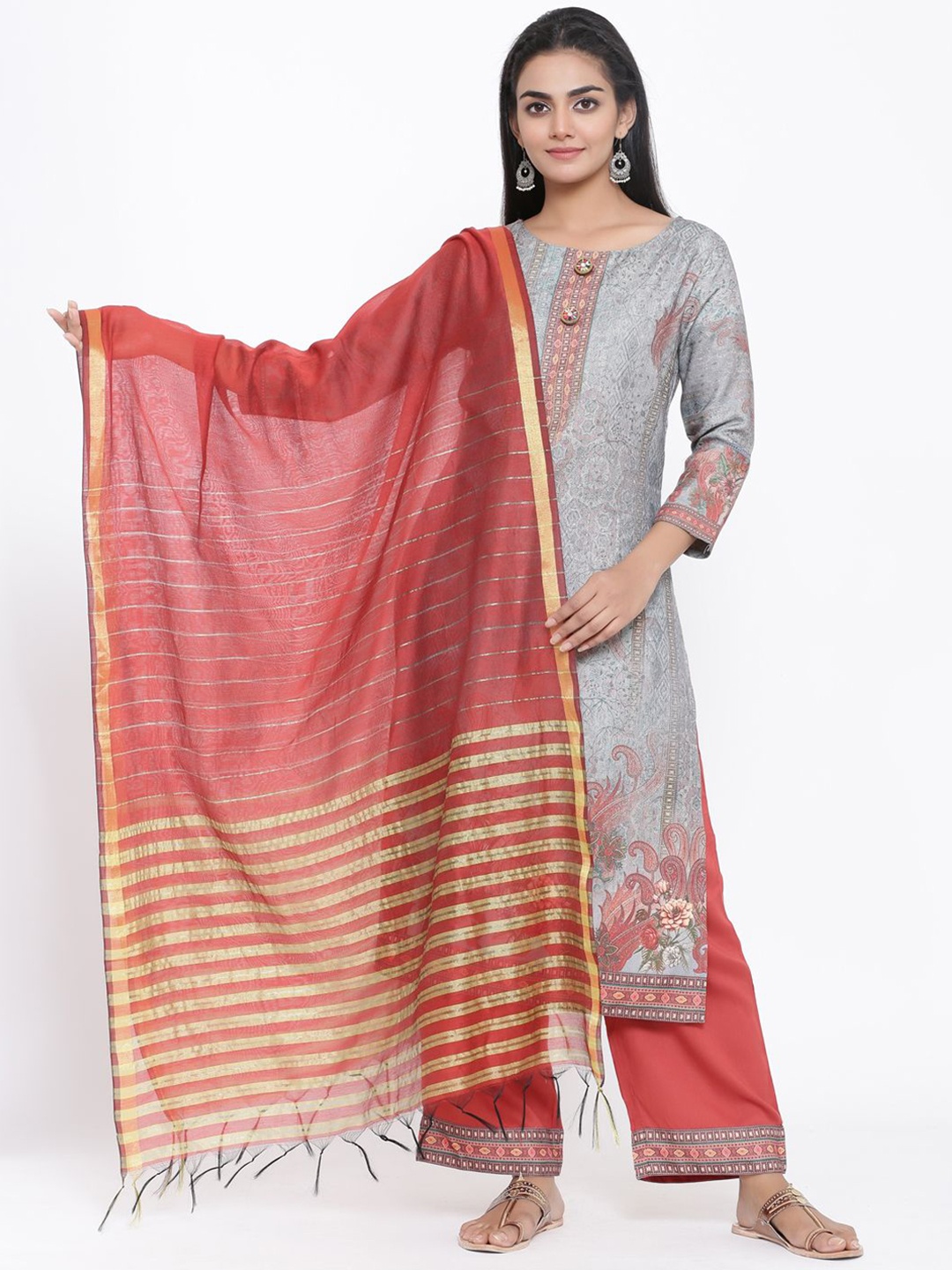 

Anouk Floral Printed Regular Pure Silk Straight Kurta with Palazzos & Dupatta, Grey