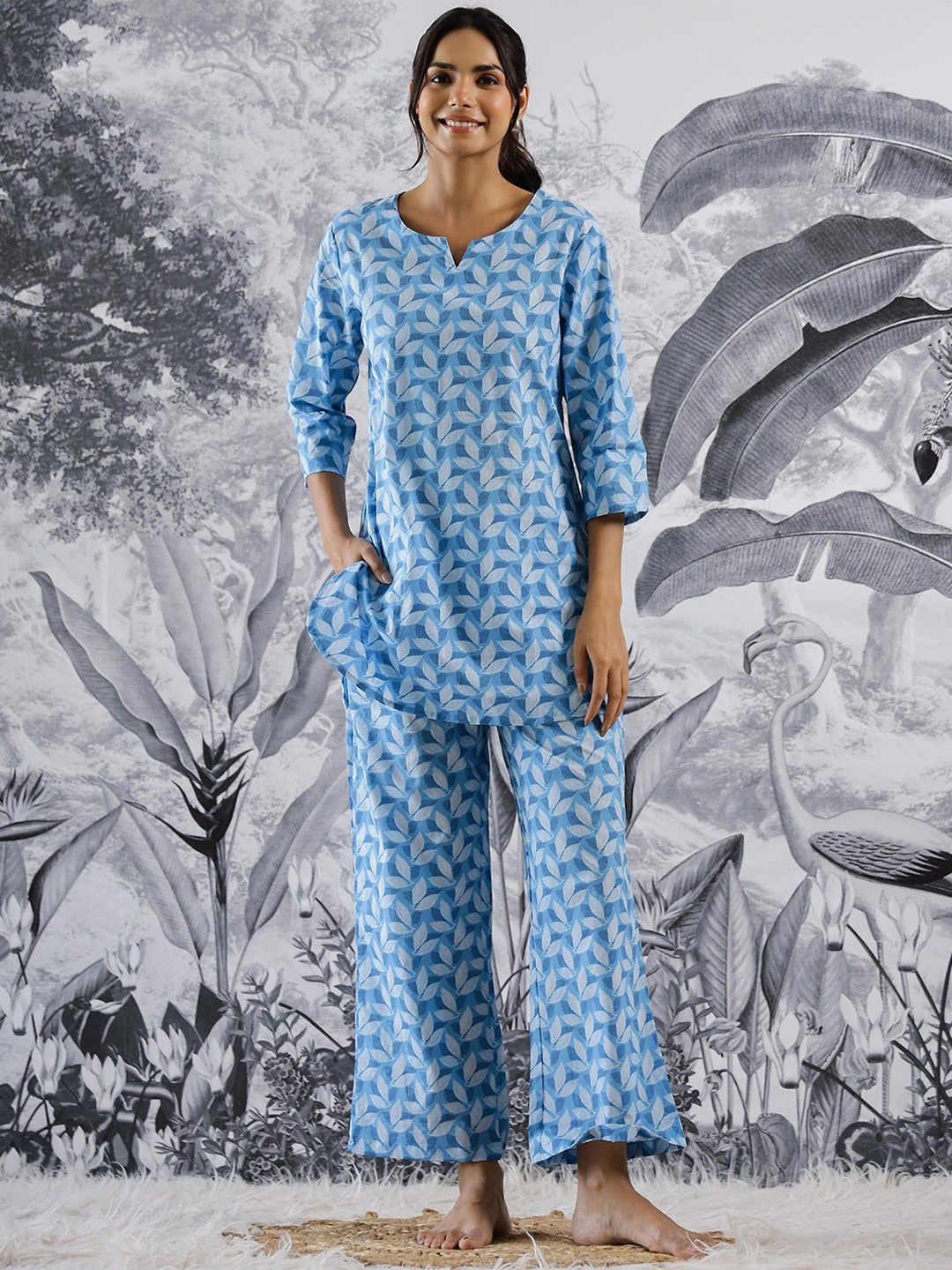

FLAVIA CREATION Printed Pure Cotton Tunic & Trousers, Blue