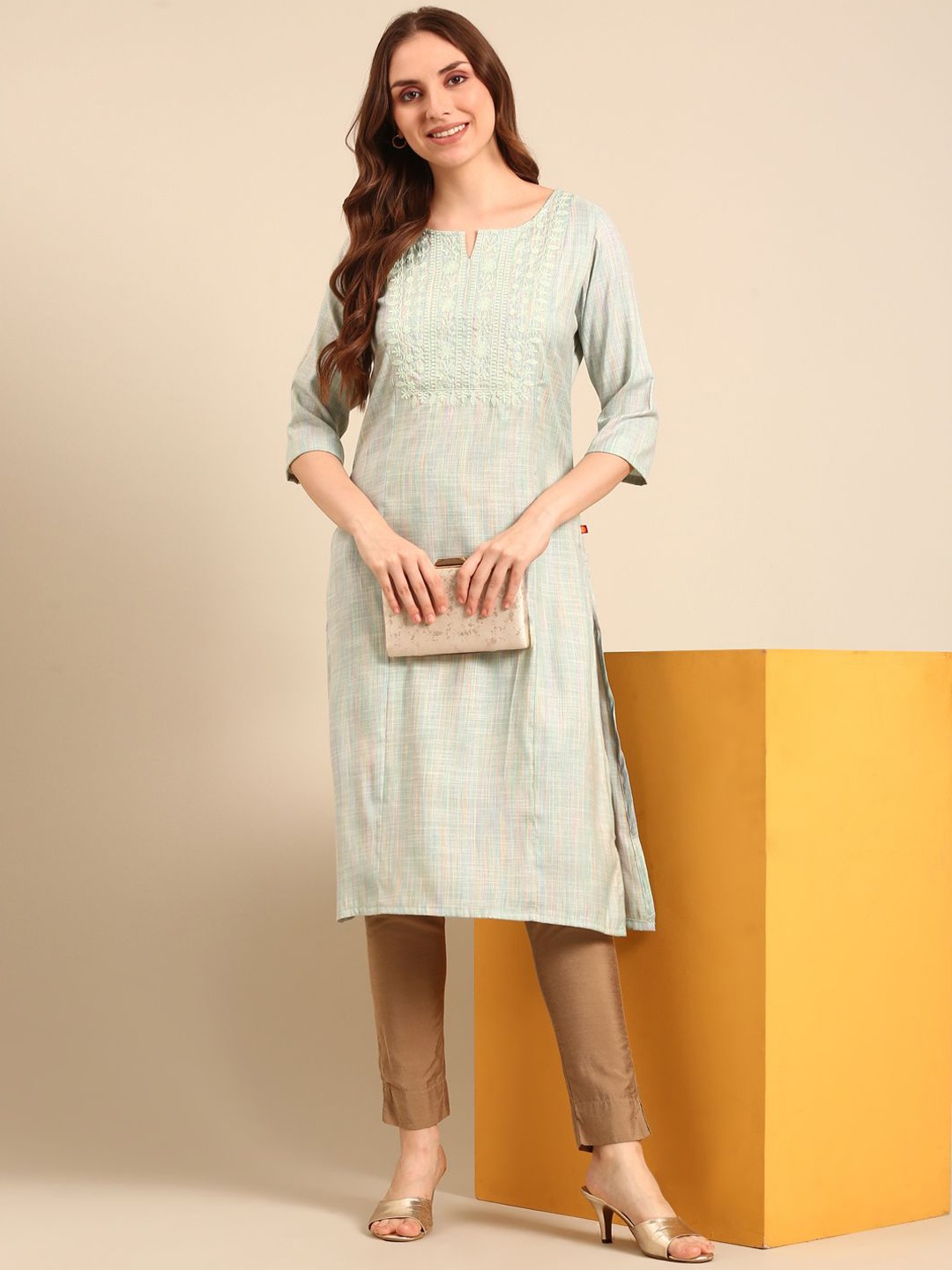 

Anouk Notched Neck Thread Work Pure Cotton Straight Kurta, Blue