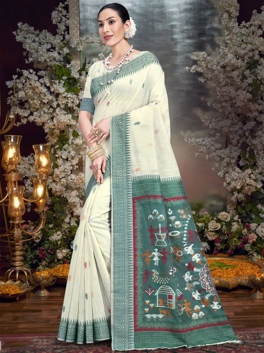 

Ishin Woven Design Floral Saree, Cream