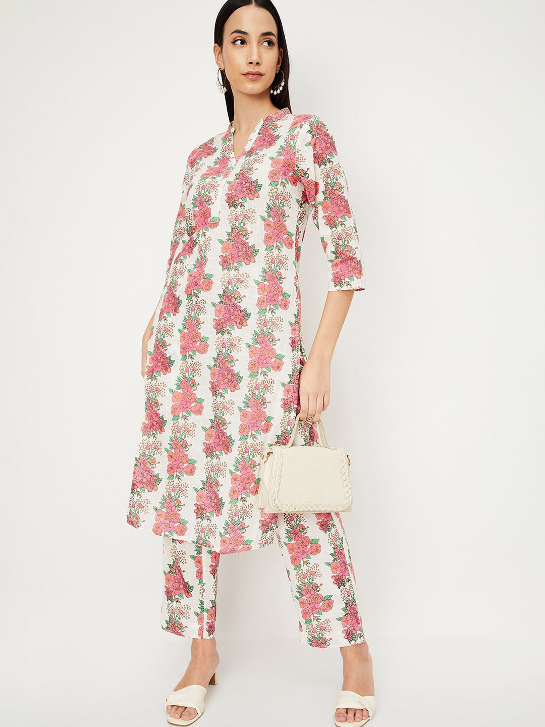 

max Mandarin Collar Floral Printed Straight Kurta With Trousers, Off white