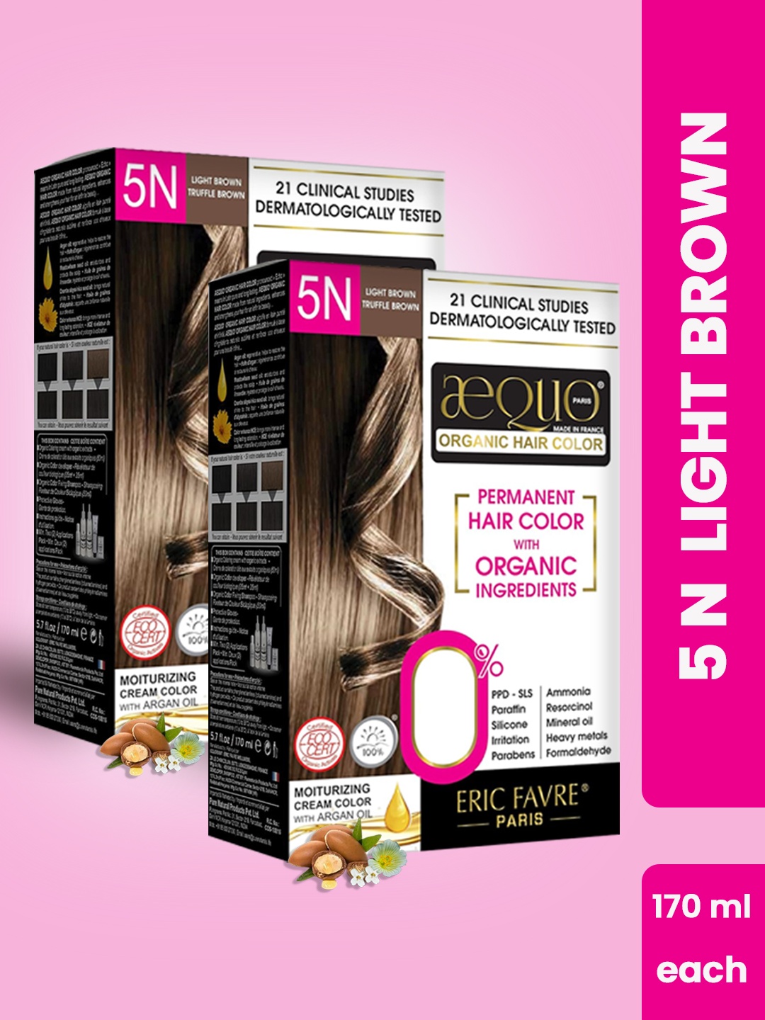 

Aequo Organic Set of 2 Permanent Cream Hair Color 175 ml Each - Light Brown 5N