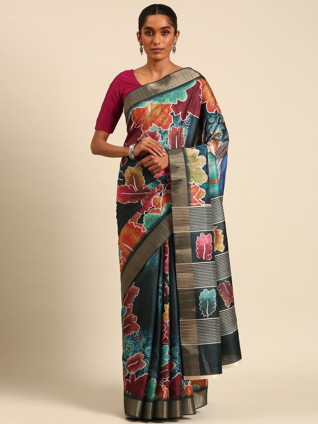 

Ishin Floral Zari Saree, Sea green