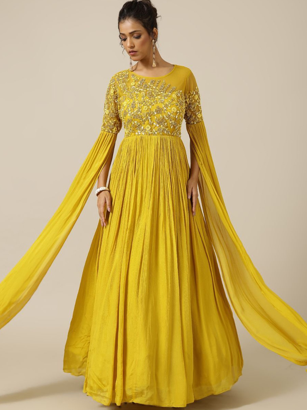 

Shreeka Women Cape Sleeves Fit & Flared Embroidery Ethnic Dress, Yellow