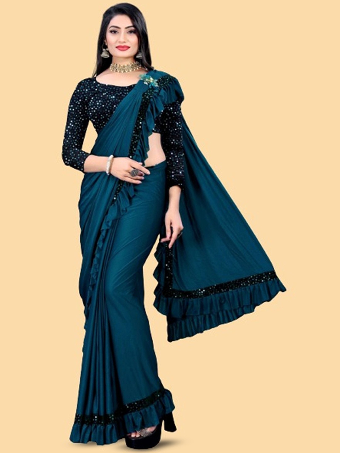 

LADY SHOPI Sequinned Ready to Wear Ruffle Saree, Teal