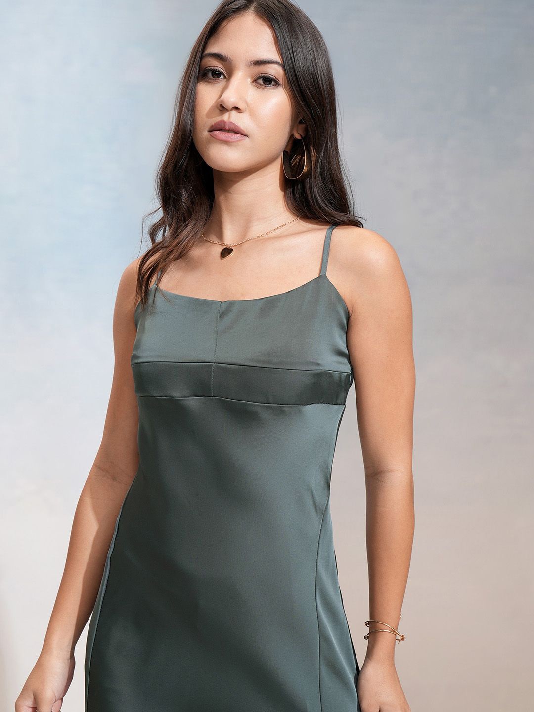 

Tokyo Talkies Shoulder Strap Satin A-Line Dress, Green