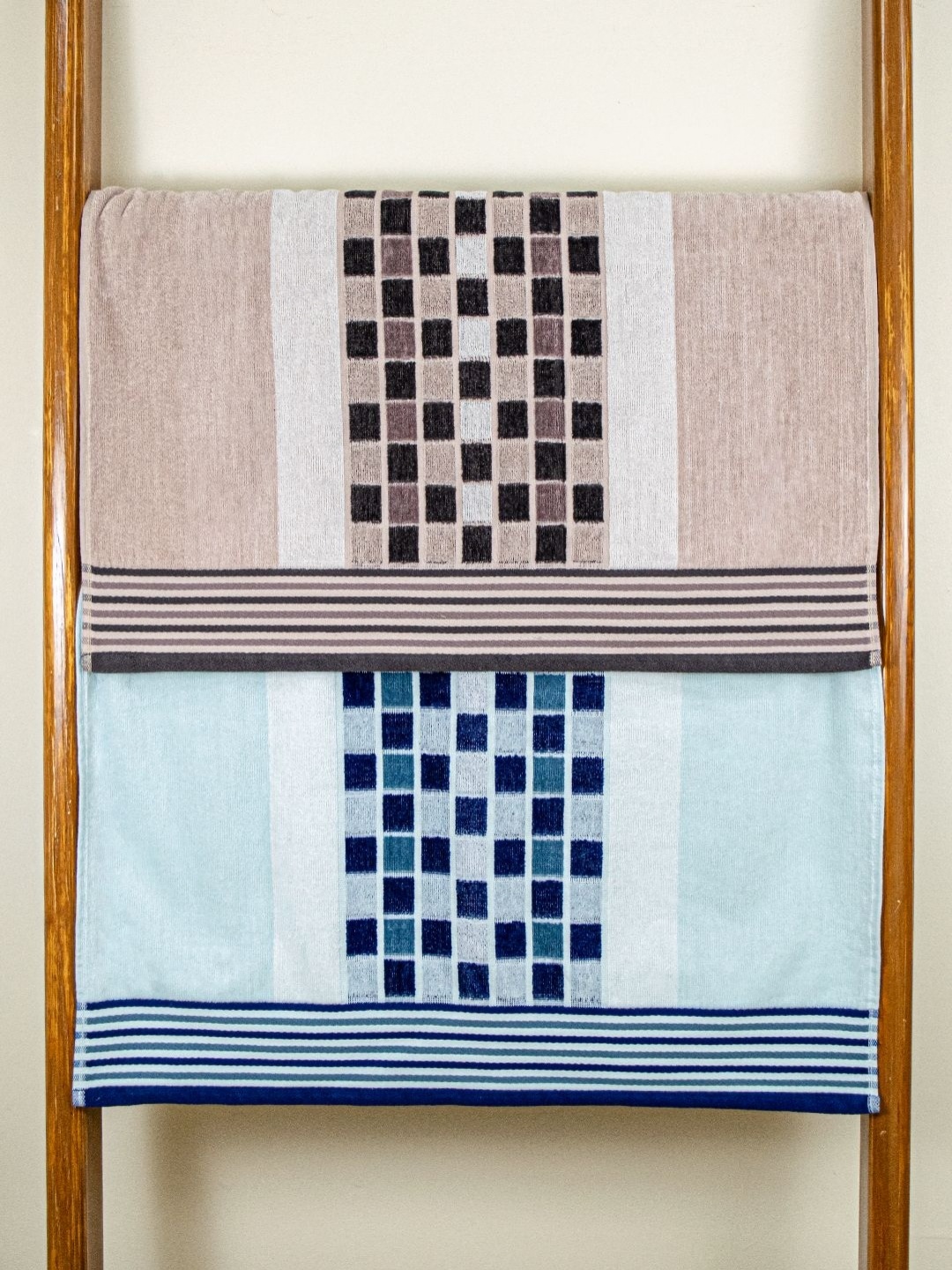 

RANGOLI Blue & Brown 2 Piece Checked Printed Pure Cotton Towel Set 450 GSM