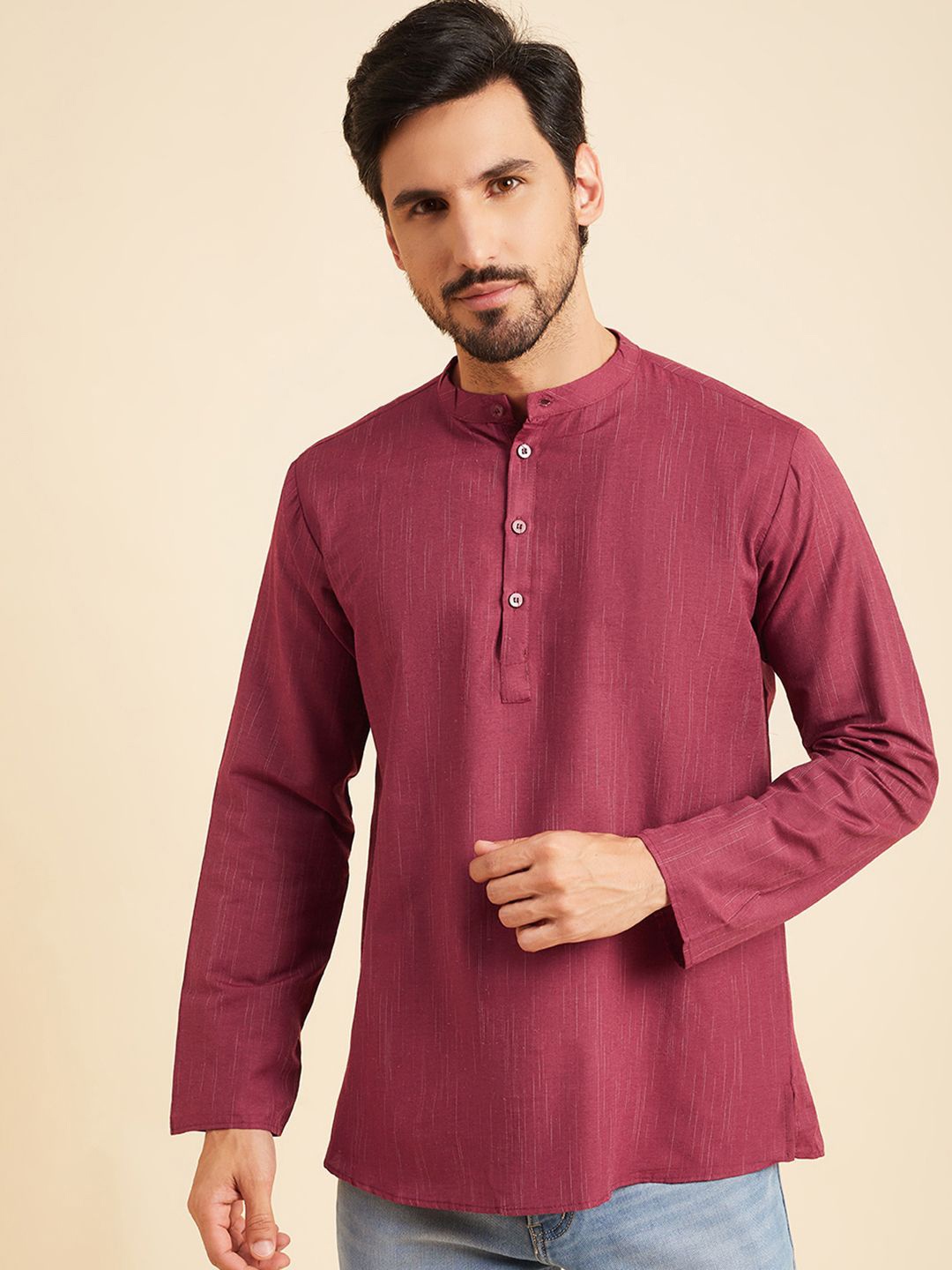 

Sangria Striped Band Collar Pure Cotton Straight Short Kurtas, Maroon