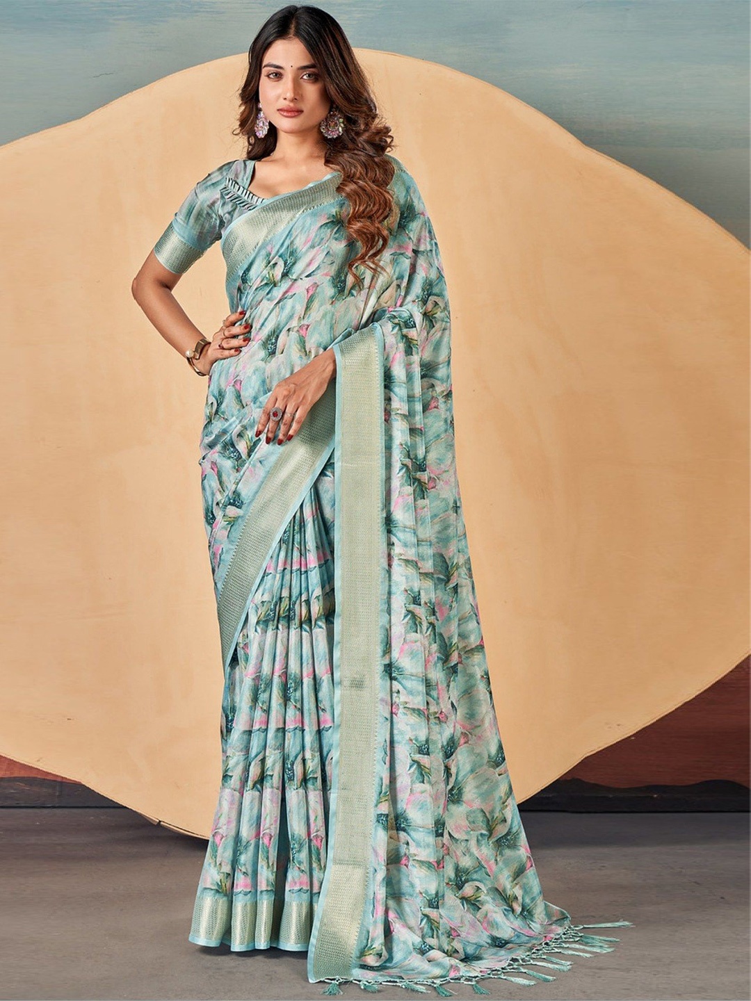 

MySilkLove Floral Printed Zari Banarasi Saree, Blue