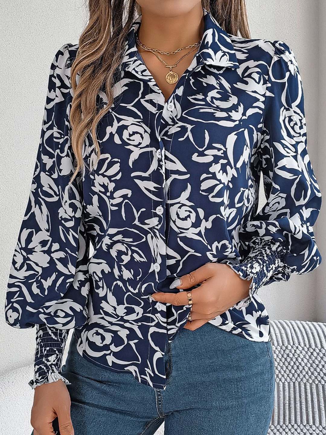 

StyleCast x Revolte Women Floral Printed Shirt Collar Top, Navy blue